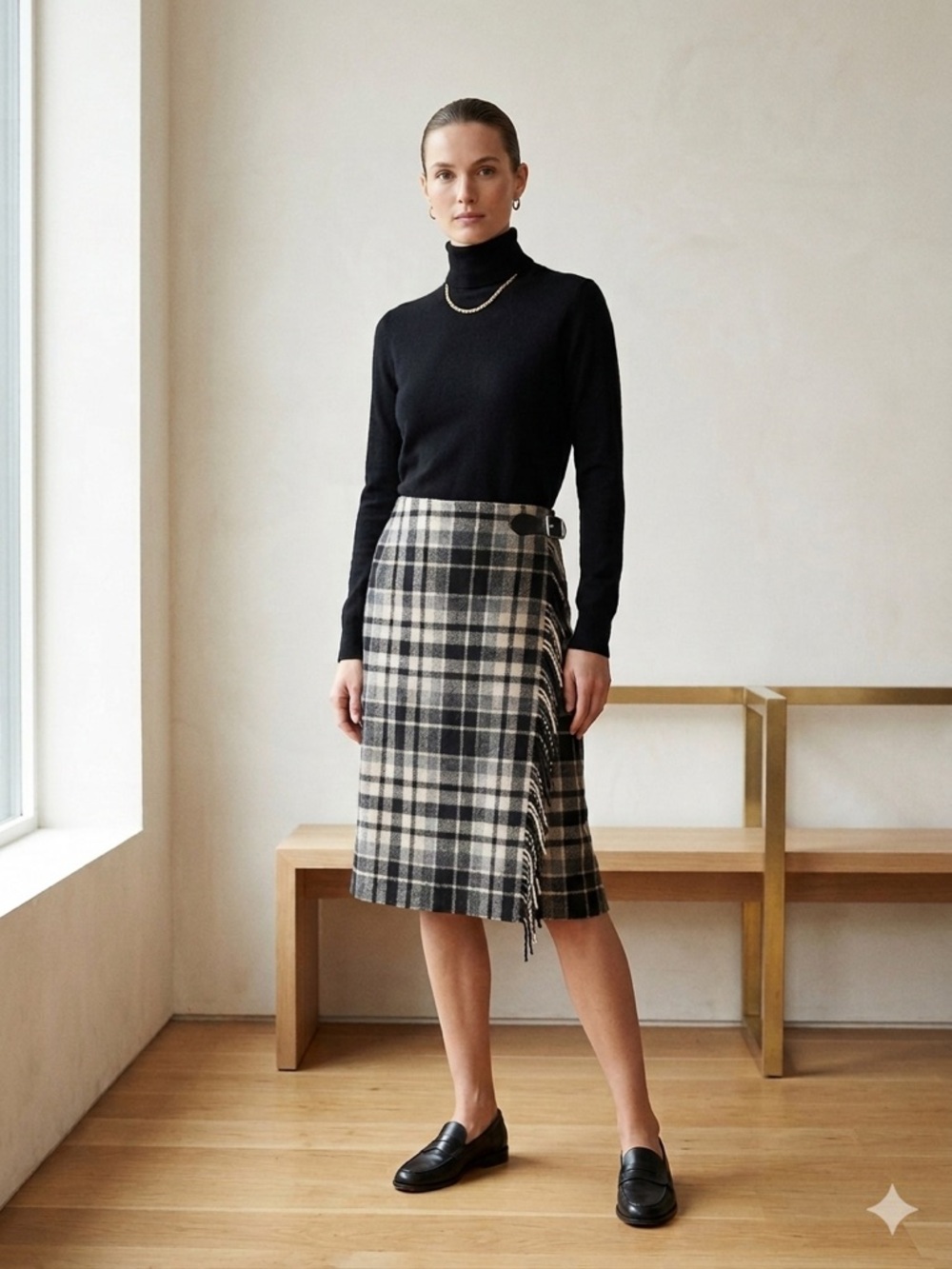 Eddie Bauer Legend Wool Blanket Skirt Plaid Fringe Wrap Mini Kilt Gray Black 8 - Picture 1 of 13